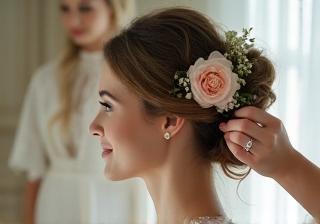Bride having hair styled with flowers