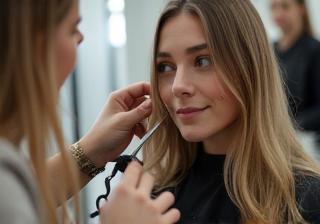 Stylist cutting woman’s hair in well-lit salon